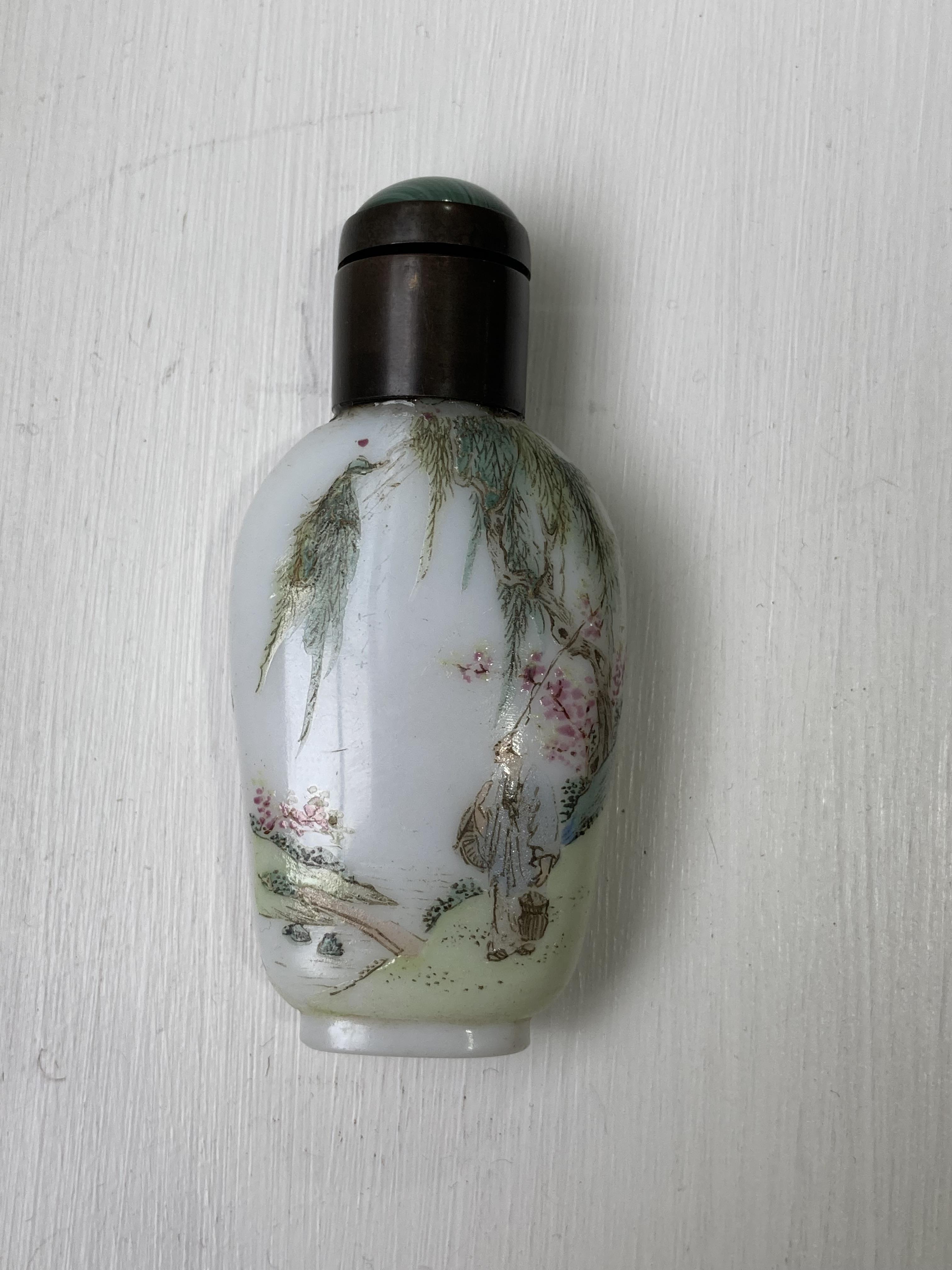 A 19thC Chinese milk glass enamelled Snuff Bottle, enamelled with a fisherman with animals under a - Image 7 of 21