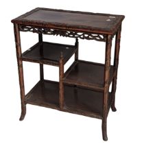 An antique Chinese rosewood side Table, the rectangular top with carved bamboo style edges, tiered