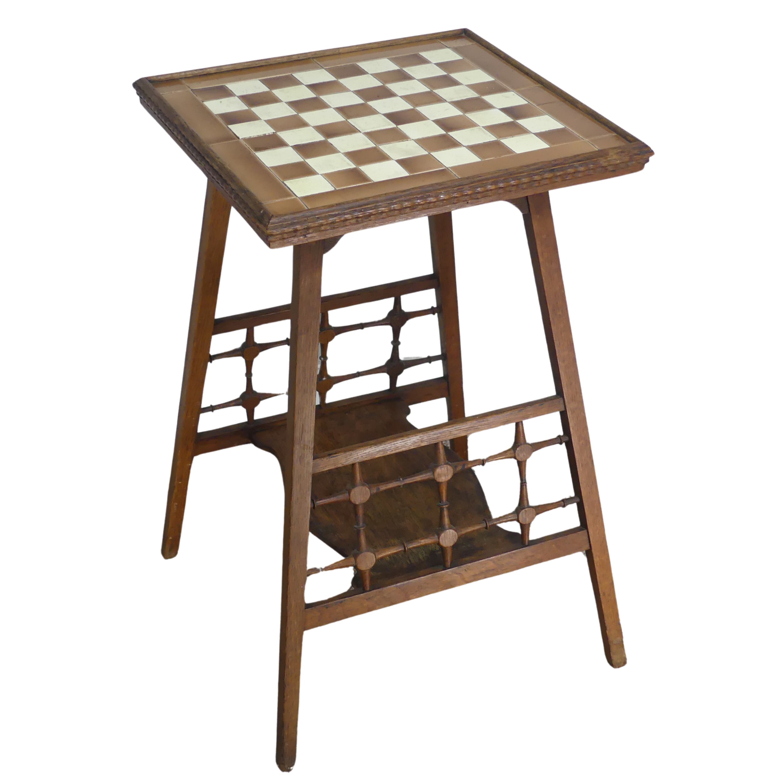 An unusual Arts and Crafts/Aesthetic Movement oak tile top Table, probably by Shapland and Petter o