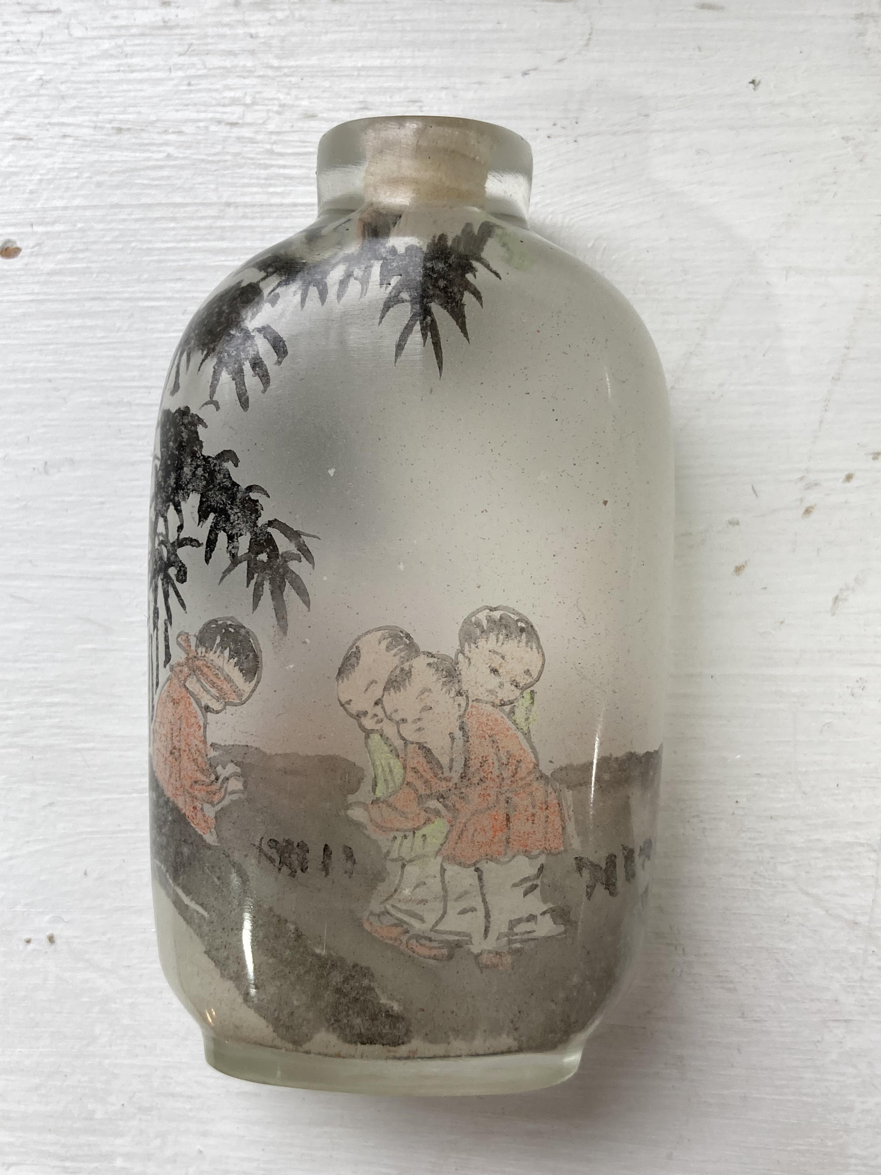 A 19thC Chinese milk glass enamelled Snuff Bottle, enamelled with a fisherman with animals under a - Image 13 of 21