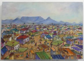 Andriette Burger, (20th century), African township landscape, oil on canvas, signed, 35cm x 50cm,