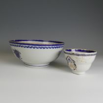 An 18thC Chinese export porcelain Bowl, with blue and gilt banding and central urn motif, cracked