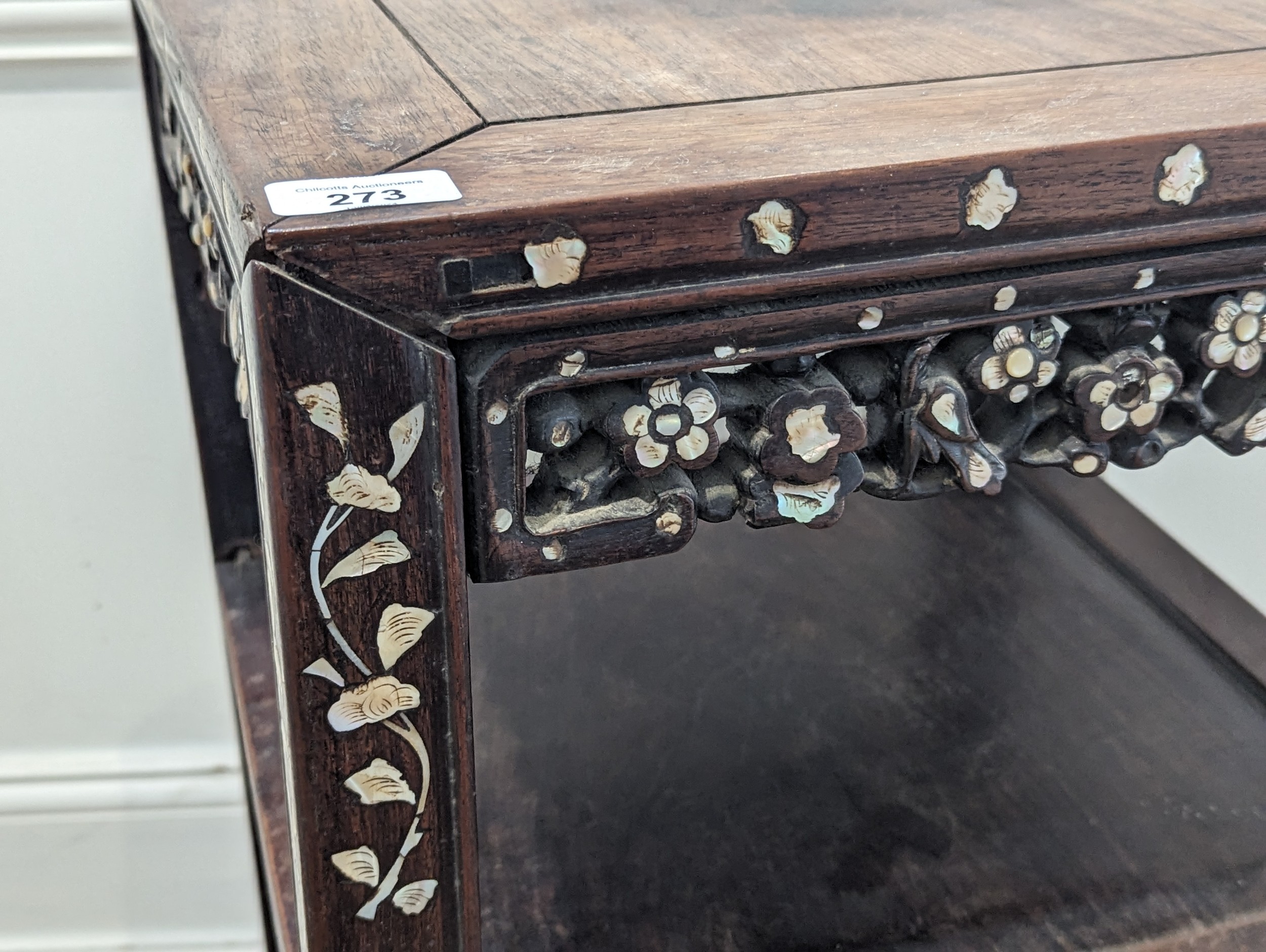 An antique Chinese hardwood and mother of pearl inlaid two-tiered side Table, square top above - Image 4 of 4