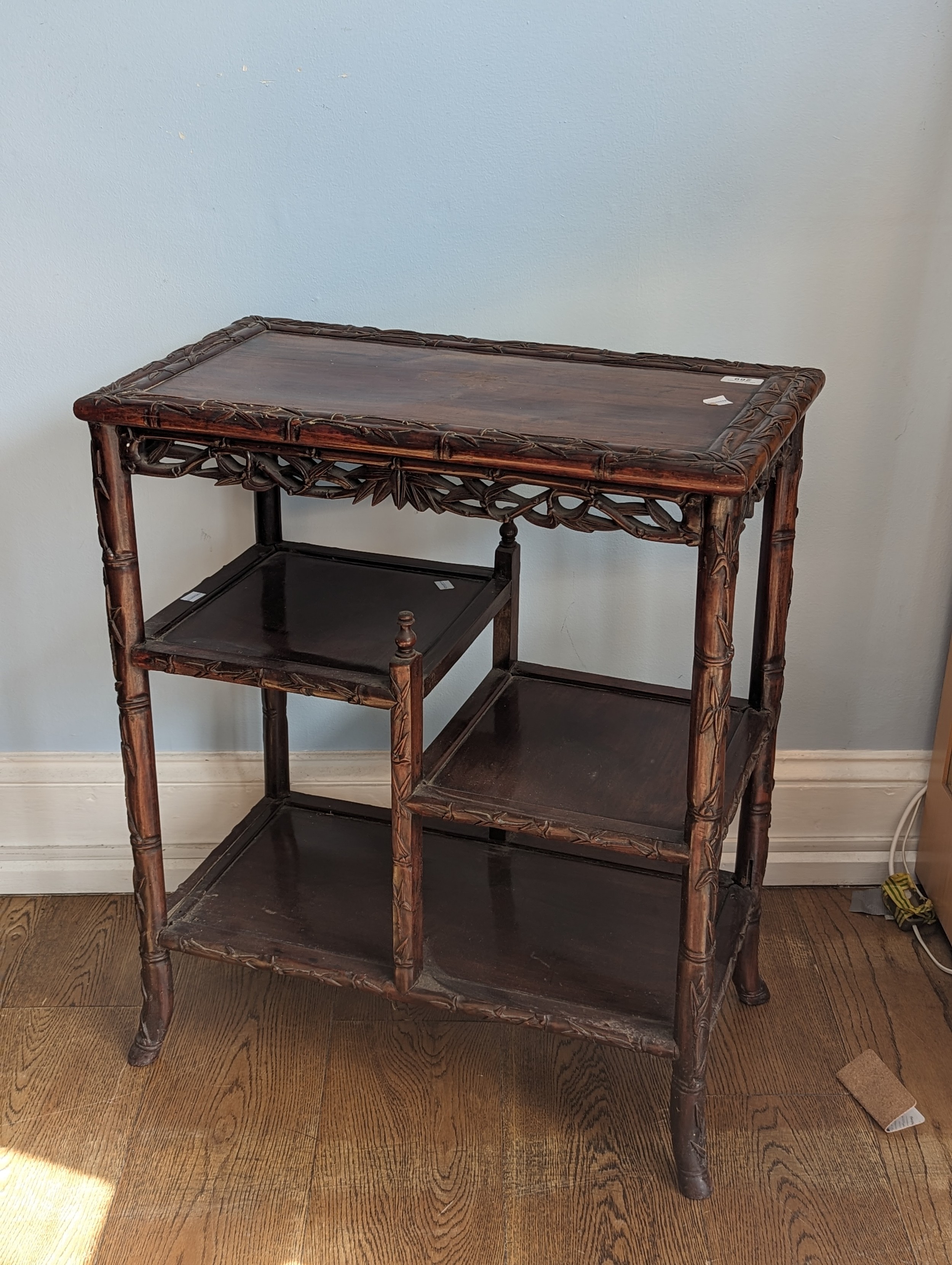 An antique Chinese rosewood side Table, the rectangular top with carved bamboo style edges, tiered - Image 2 of 5