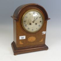 A late 19th / early 20th century mahogany inlaid mantel Clock, with a stamped 'Japy Freres'