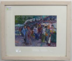 Pat Preater (Modern British), Street Market, acrylic on board, signed, 15cm x 20cm, framed.