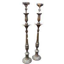 A pair of antique copper newel post Lights, in the form of large candlesticks, electrified, H 76