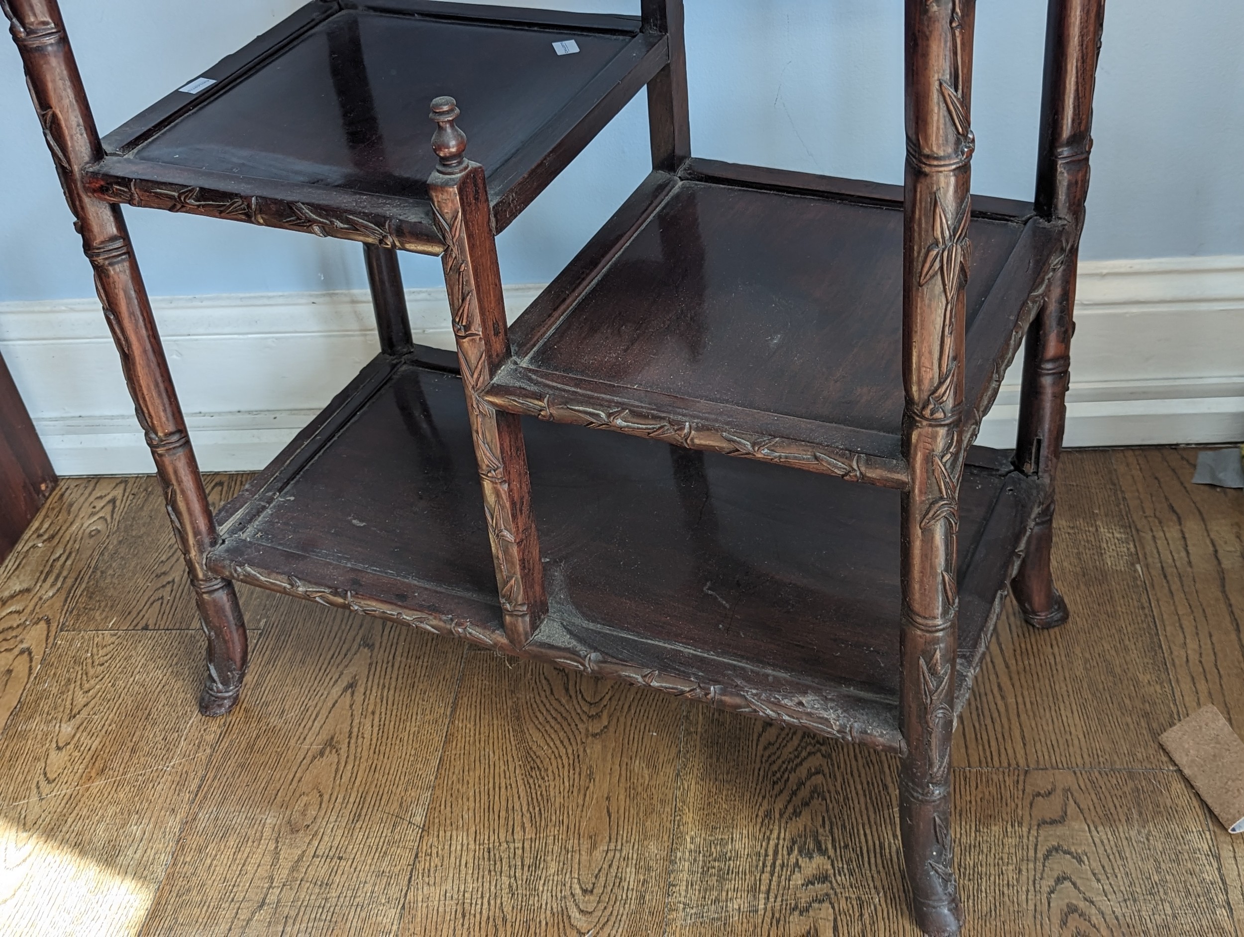 An antique Chinese rosewood side Table, the rectangular top with carved bamboo style edges, tiered - Image 5 of 5