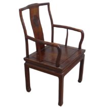 A 20th century Chinese hardwood open Armchair, raised on tapering supports, W 56 cm x H 96 cm x D 46