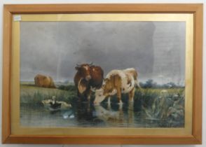 Frederick E. Valter (British, 1850-1930),  Cattle Watering, watercolour, signed and dated 1887, 35cm