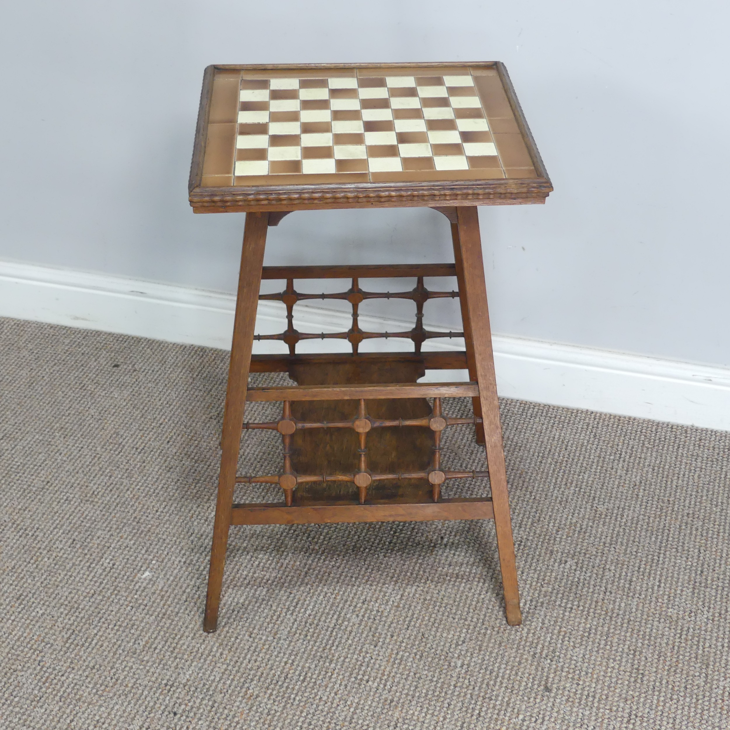 An unusual Arts and Crafts/Aesthetic Movement oak tile top Table, probably by Shapland and Petter o - Image 4 of 6