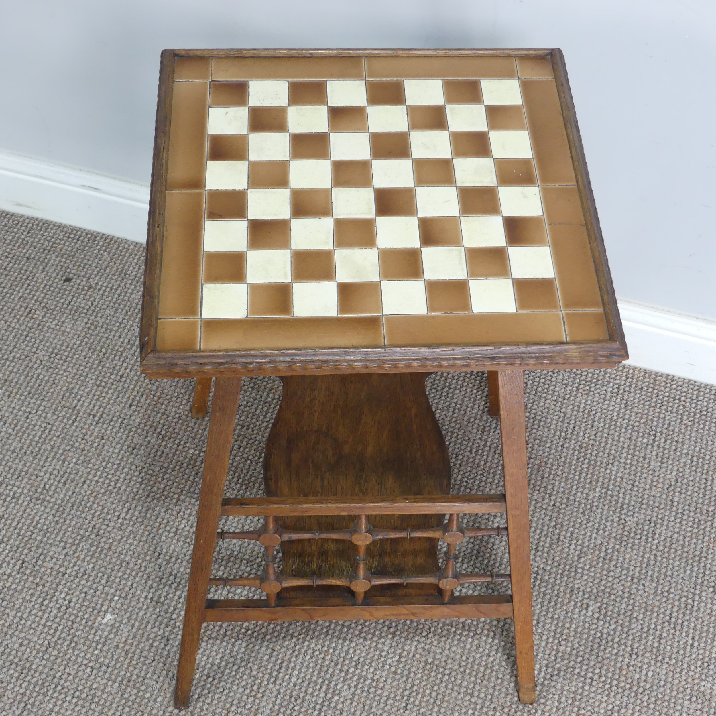 An unusual Arts and Crafts/Aesthetic Movement oak tile top Table, probably by Shapland and Petter o - Image 5 of 6