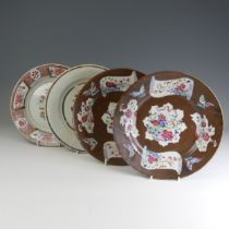 A pair of mid 18thC Chinese Cafe-au-lait famille rose Plates, each decorated with overpainted