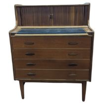 A Welters of Wycombe teak tambour fronted Bureau, tambour shuttered doors enclosing drawer and