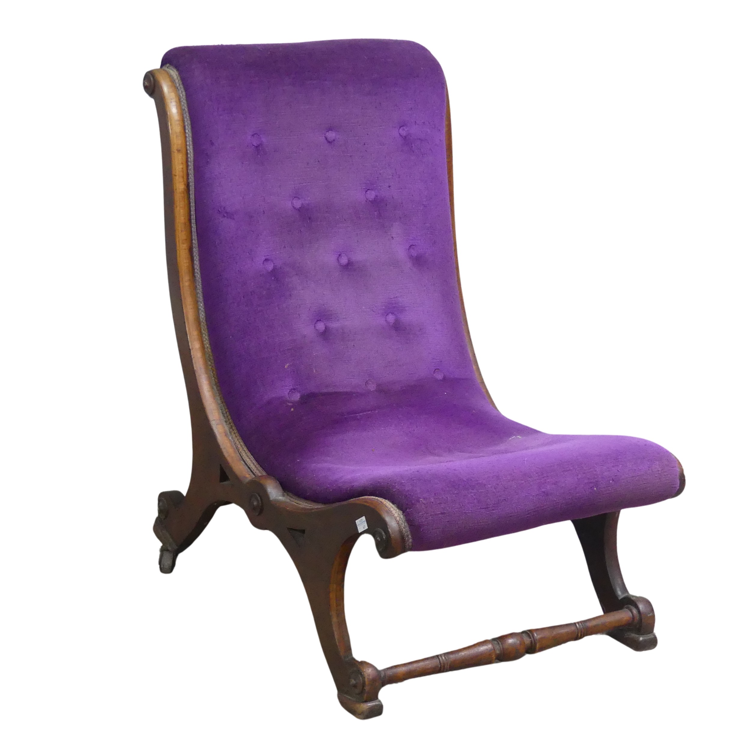 An antique Regency style scroll mahogany Nursing Chair, with button-back purple upholstery, W 40