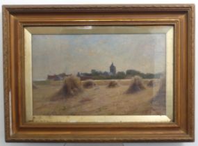 Arthur S. Edward (19th century), Wheat sheaves in a rural landscape with church, oil on canvas,