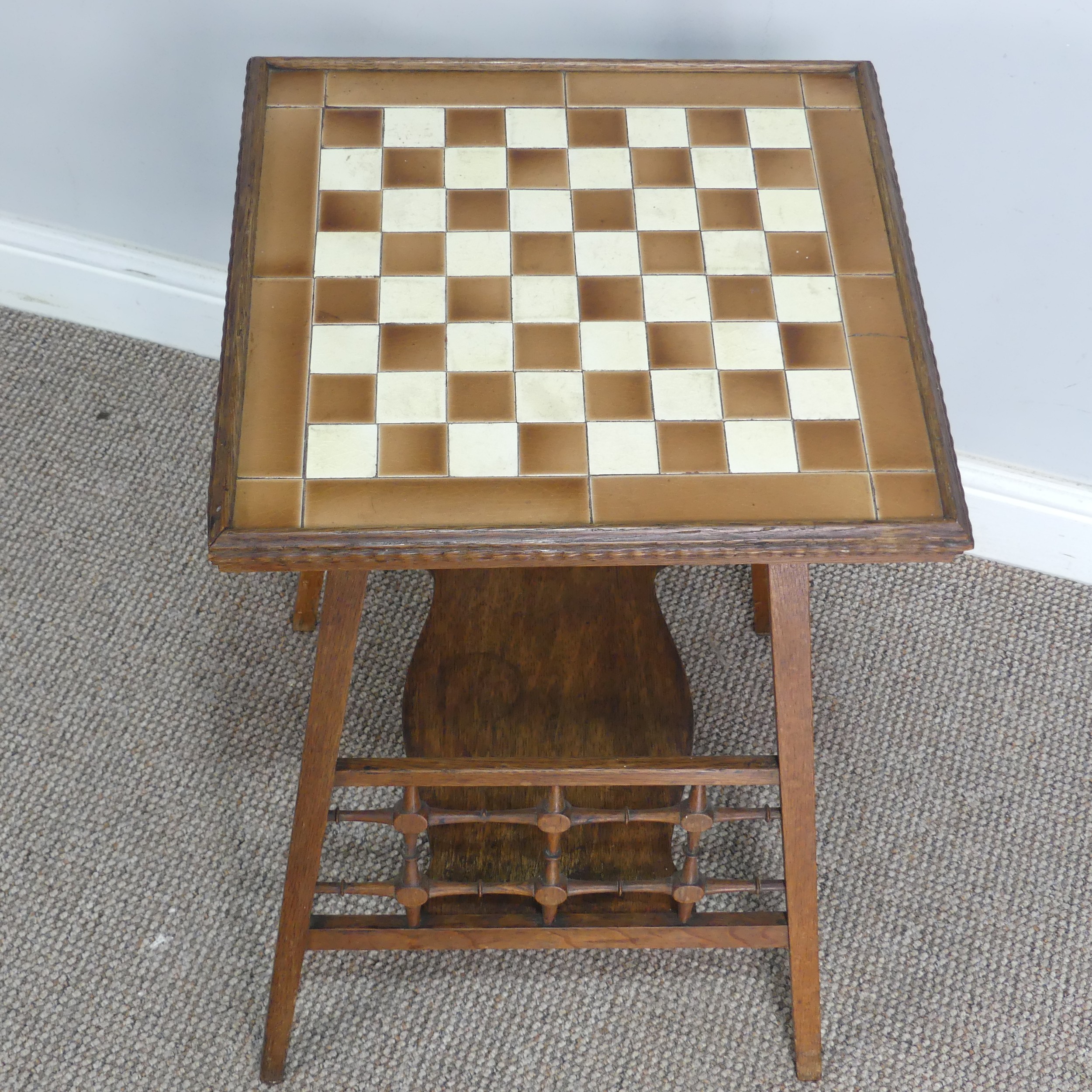 An unusual Arts and Crafts/Aesthetic Movement oak tile top Table, probably by Shapland and Petter o - Image 6 of 6