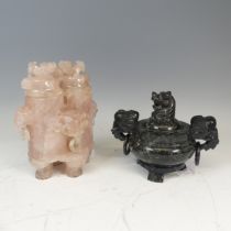 A 19th century Chinese carved rose quartz double Vase, with cover, decorated with foo dogs and