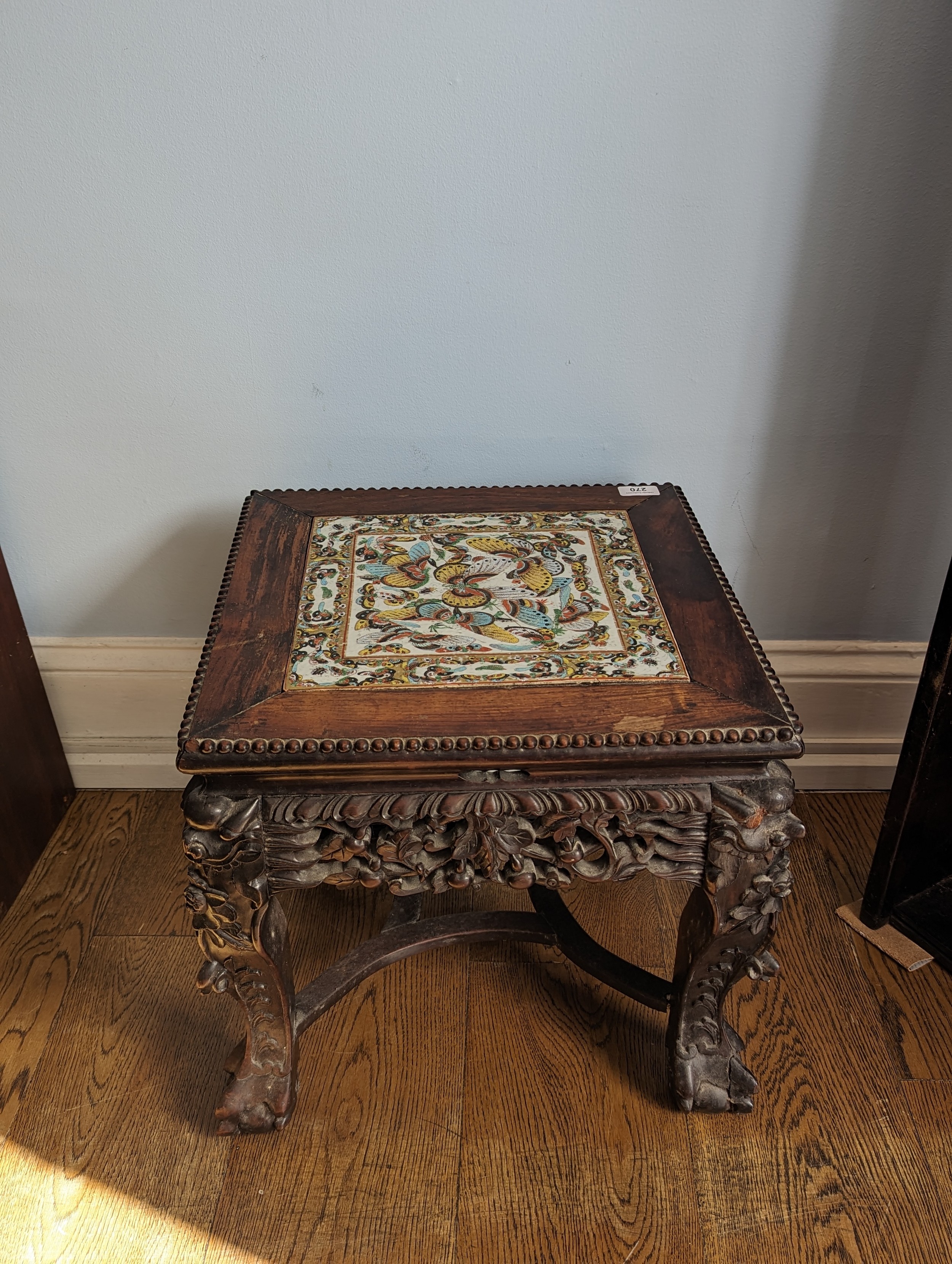 An unusual antique Chinese carved hardwood tile top side Table / Plant Stand, square top inset - Image 3 of 4