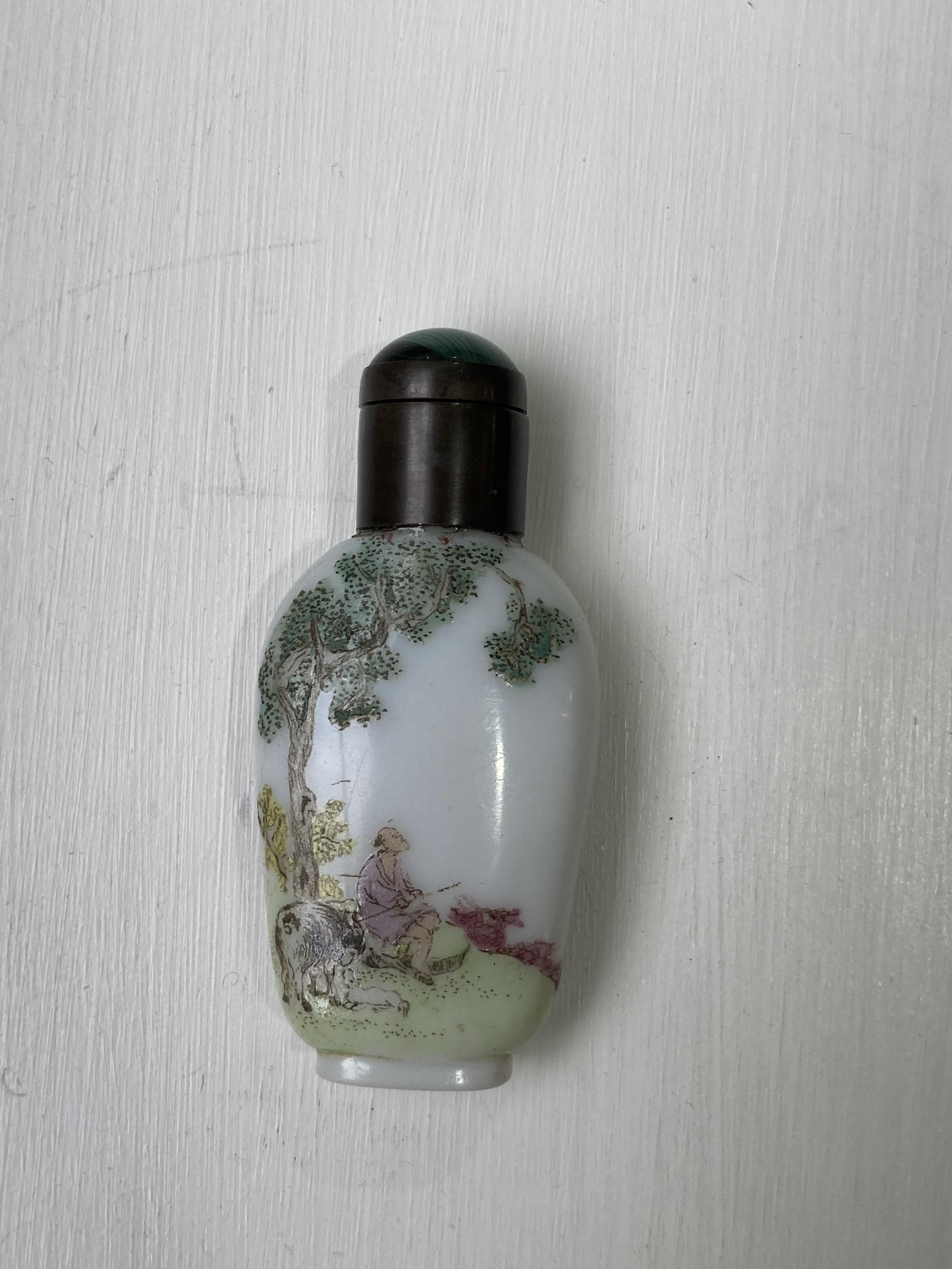 A 19thC Chinese milk glass enamelled Snuff Bottle, enamelled with a fisherman with animals under a - Image 6 of 21