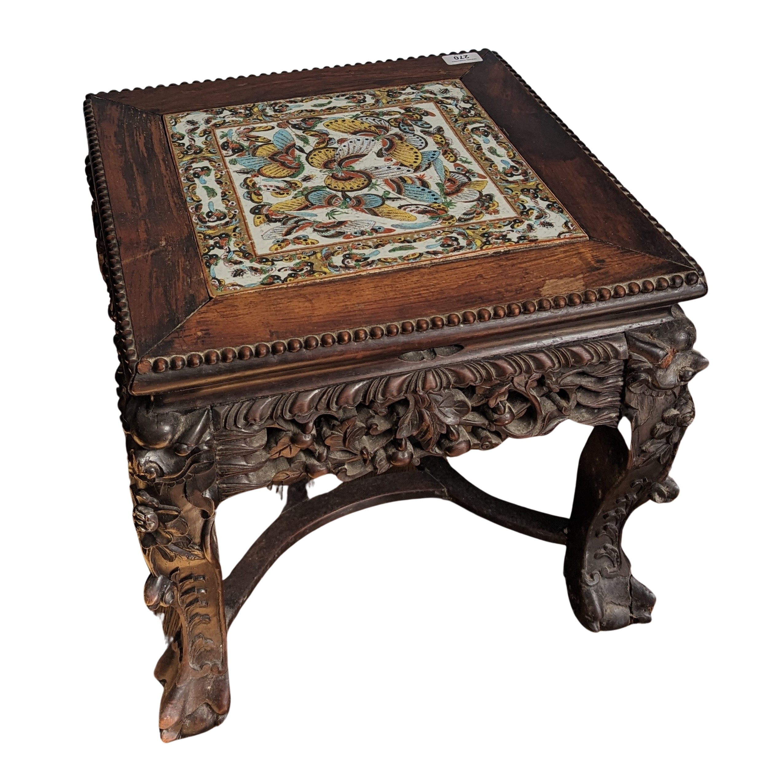An unusual antique Chinese carved hardwood tile top side Table / Plant Stand, square top inset