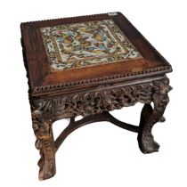 An unusual antique Chinese carved hardwood tile top side Table / Plant Stand, square top inset