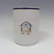 An 18thC Chinese export armorial porcelain Mug, with cobalt blue and gilded decoration and central