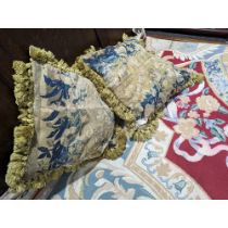 A pair of antique woolwork tapestry Cushions, 61cm square (including tassels), tapestry repaired and