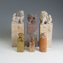 A small quantity of Chinese soapstone Seals, to comprise three of large size, each with Foo Dog