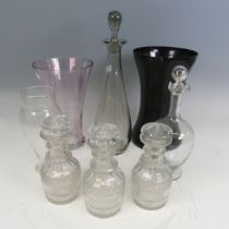 A set of three small cut glass Decanters, H 18 cm, together with a small quantity of other glass