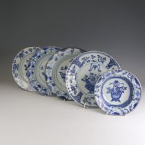 A near pair of 18thC Chinese blue and white porcelain Chargers, each decorated centrally with floral