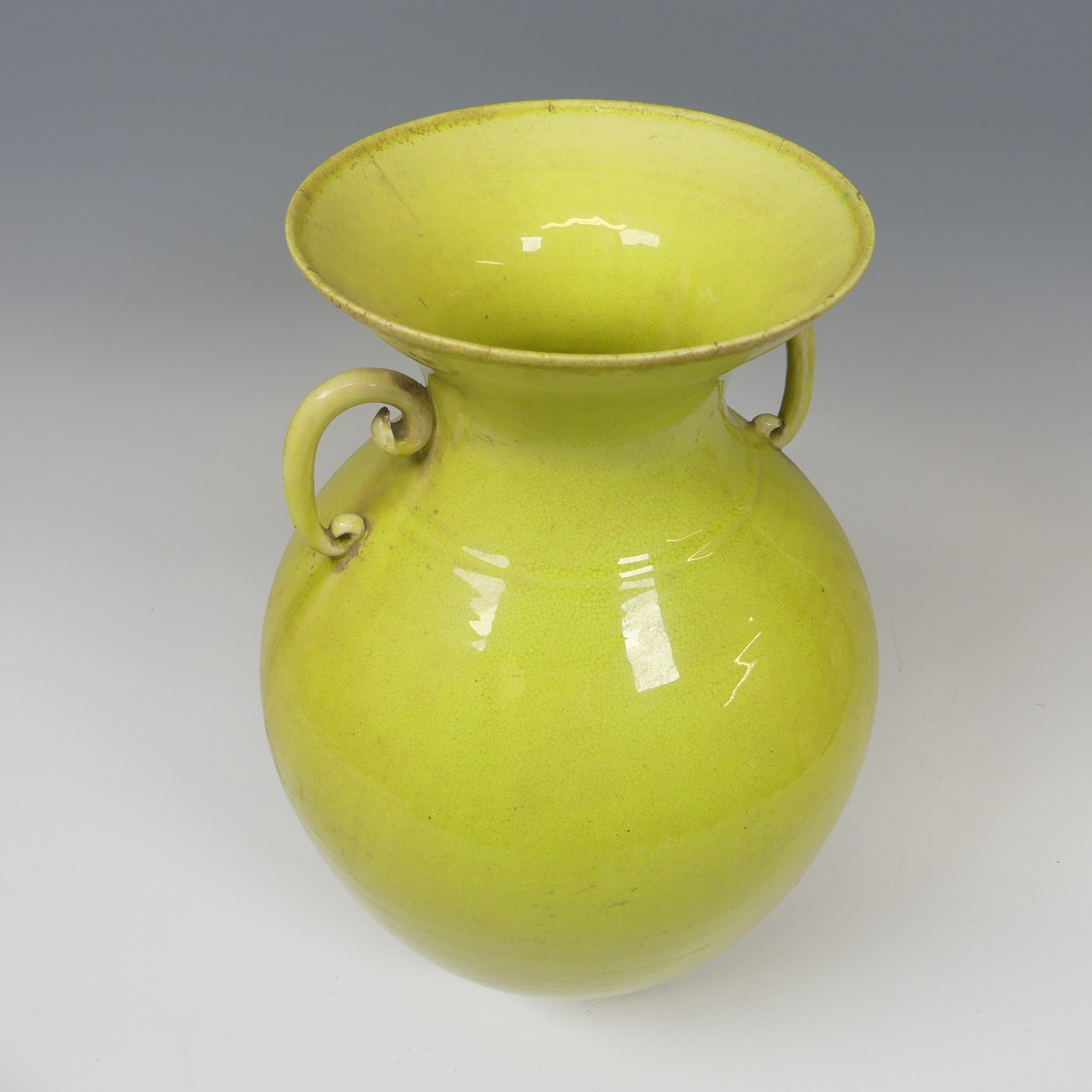 An unusual 19thC Chinese monochrome twin-handled Vase, of lime green colour, baluster form, some - Image 4 of 9