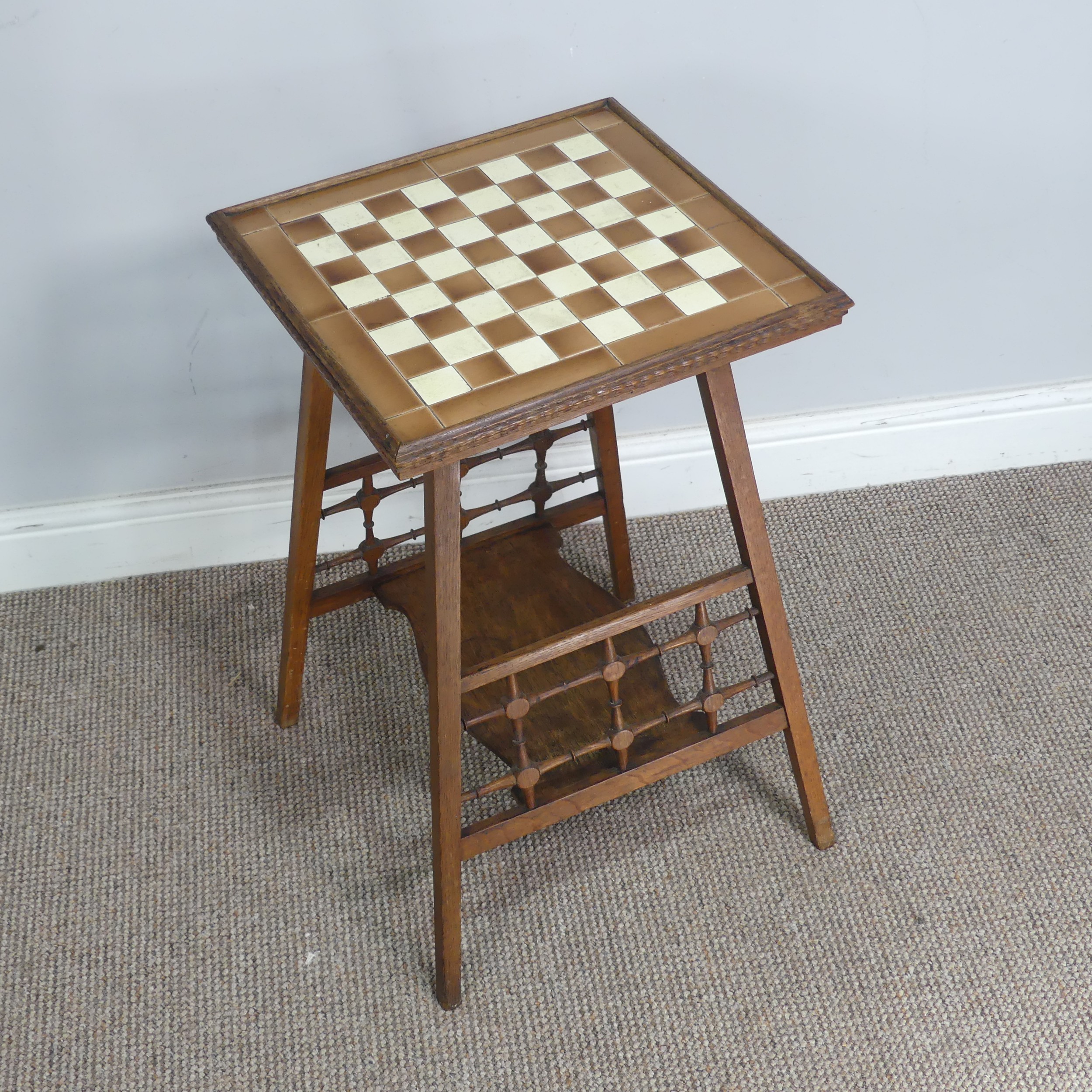 An unusual Arts and Crafts/Aesthetic Movement oak tile top Table, probably by Shapland and Petter o - Image 3 of 6