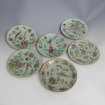 A small quantity of 19thC Chinese famille rose celadon Plates, each decorated in the typical