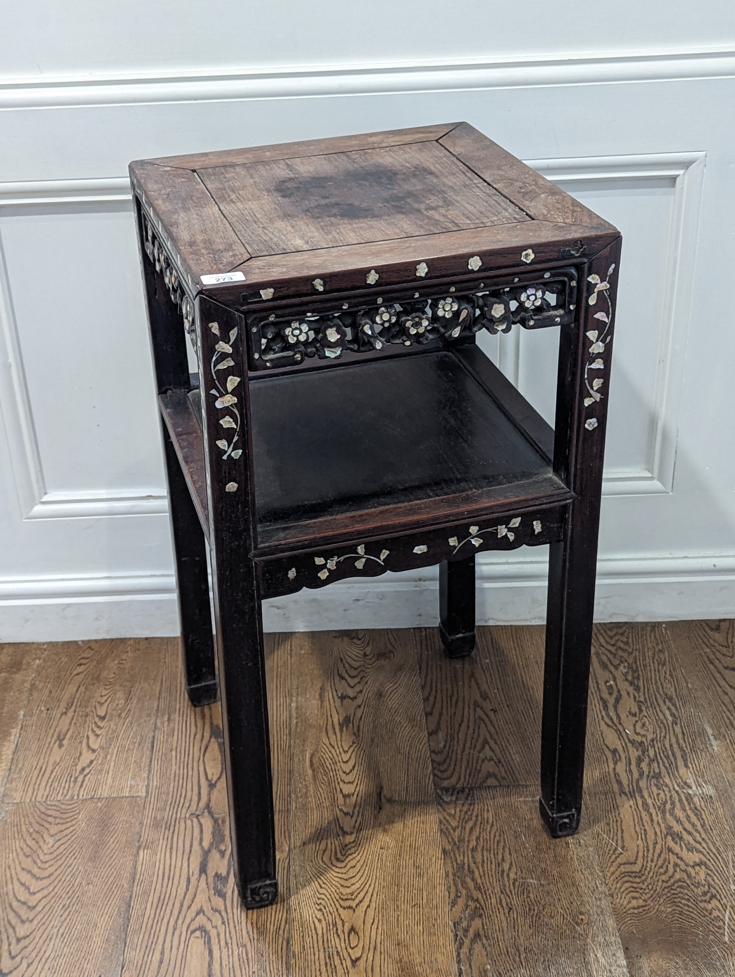 An antique Chinese hardwood and mother of pearl inlaid two-tiered side Table, square top above - Image 2 of 4