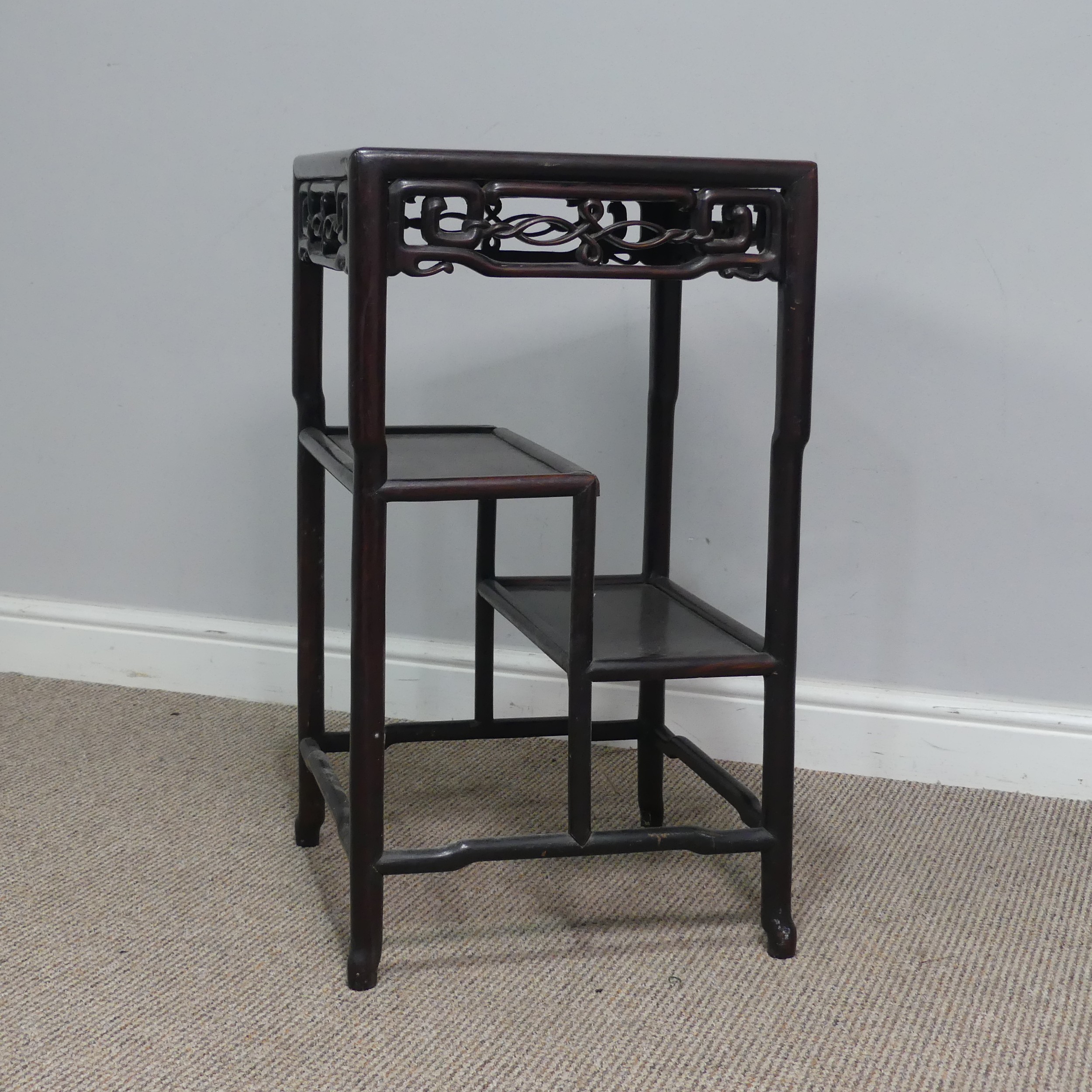 An antique Chinese hardwood Side Table, probably rosewood, square top with pierced and carved - Image 4 of 5