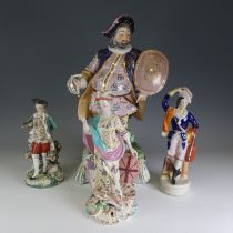 A large 19thC Derby porcelain figure of Falstaff, decorated heavily, sword broken and chips