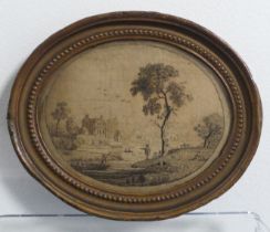 An 18th century oval embroidered picture,black threads on silk, depicting figures, boats and