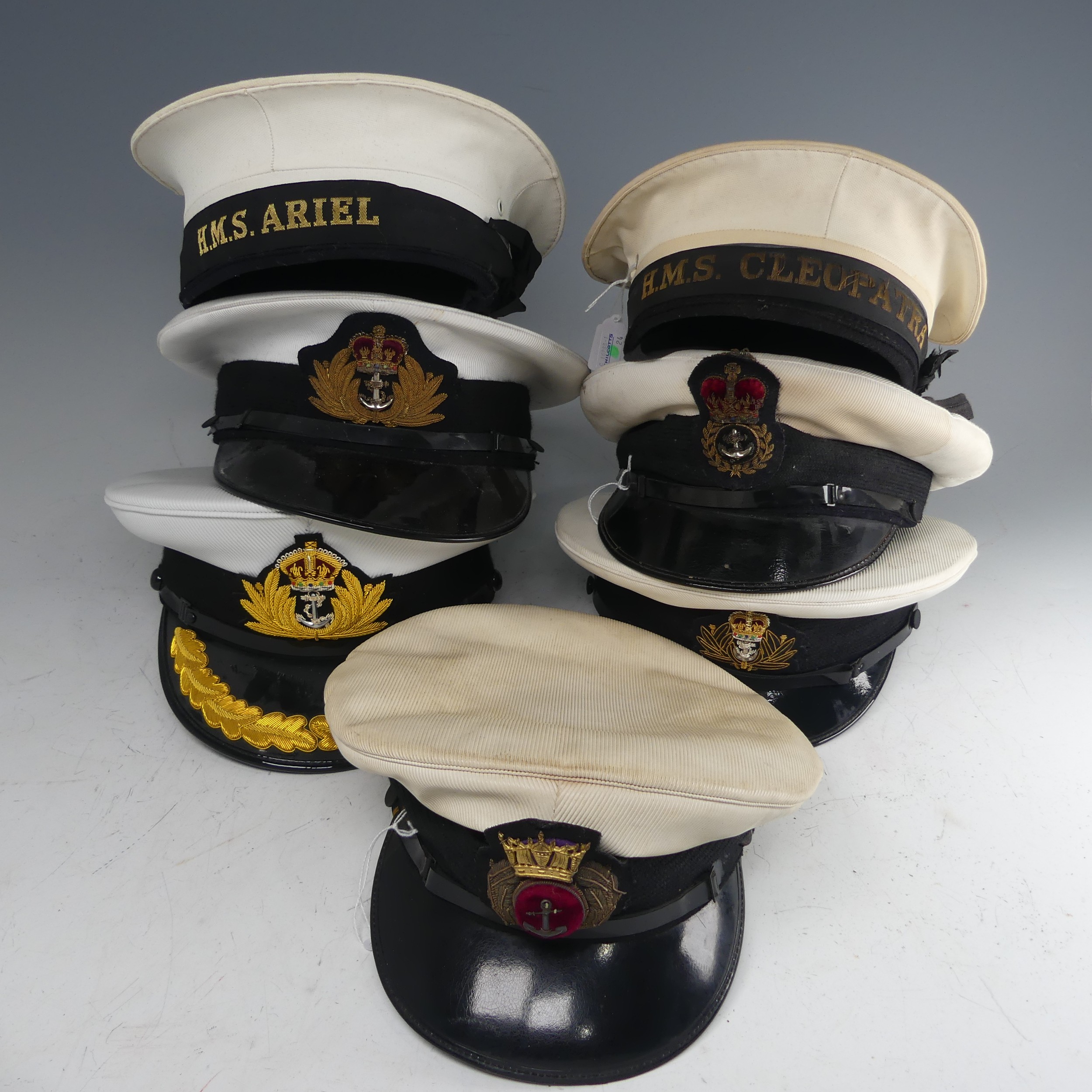 A collection of 7 Royal Navy 'summer' peaked Caps, including 'Army and Navy Hat and Cap Co Ltd', 'S. - Image 2 of 4