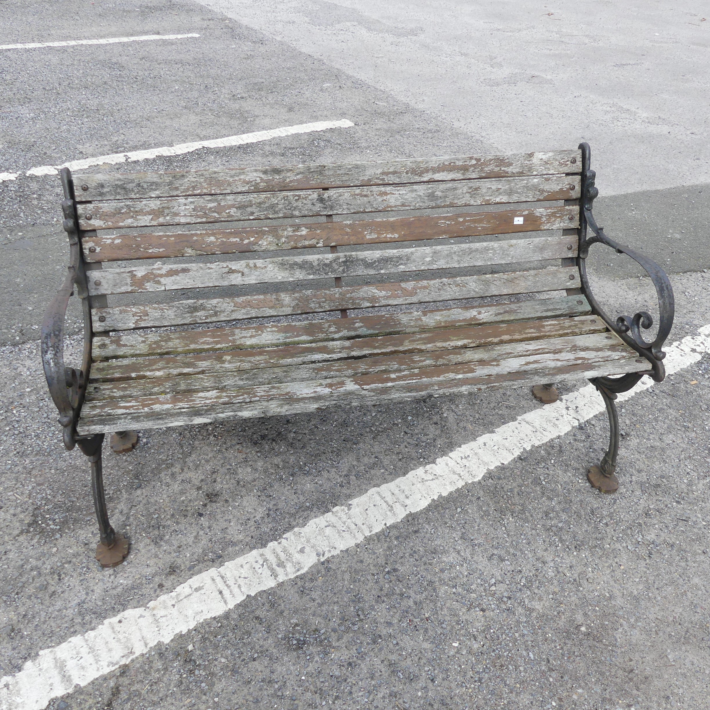 An antique cast iron and teak Garden Seat /Bench, with scrolled supports, W 129.5 cm x H 74 cm x D - Image 3 of 5