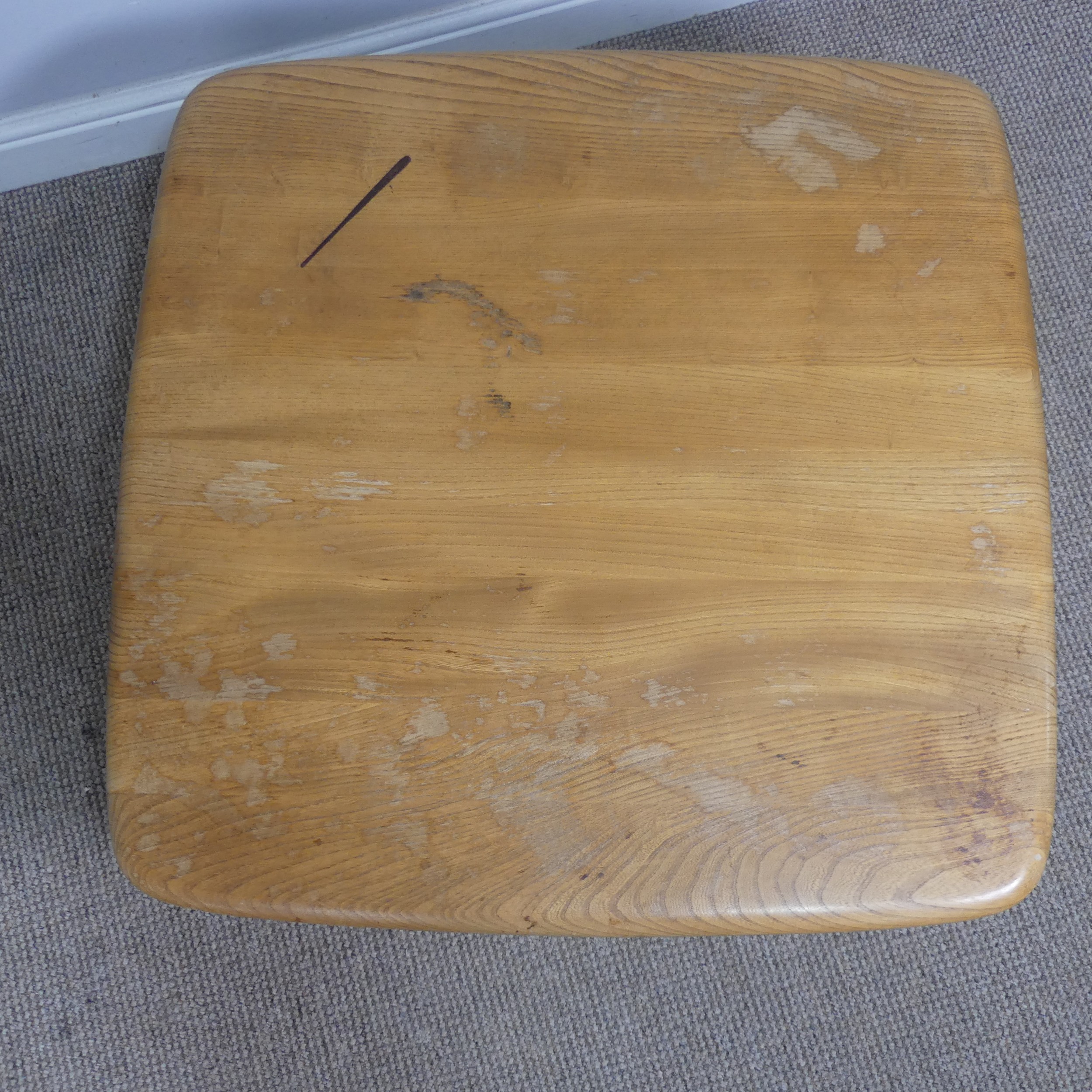 An Ercol windsor model 767 elm square coffee Table, with square top over splayed beach supports - Image 4 of 5