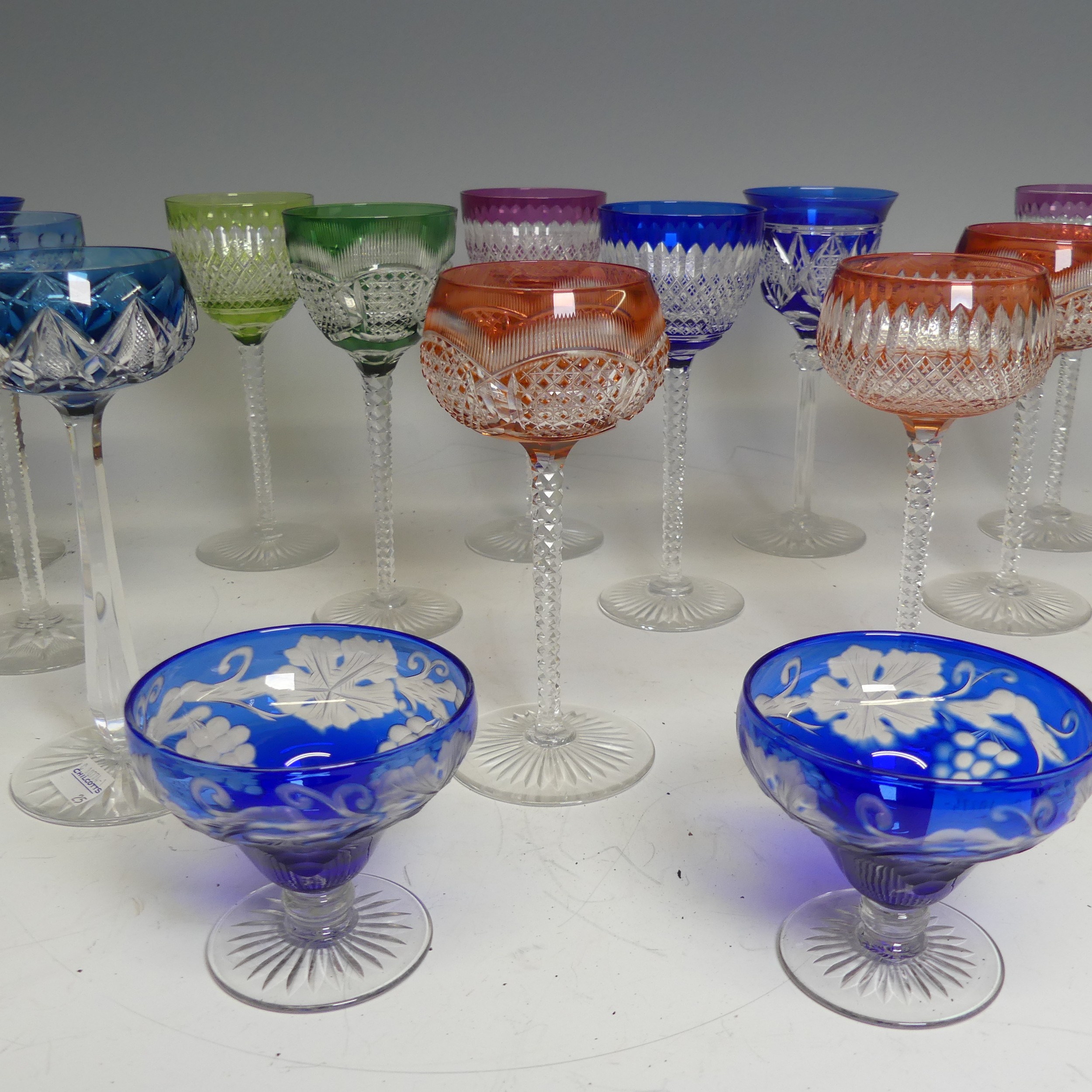 A quantity of mid 20th century circa 1950s coloured bohemian cut hock Glasses, to include the - Image 4 of 4