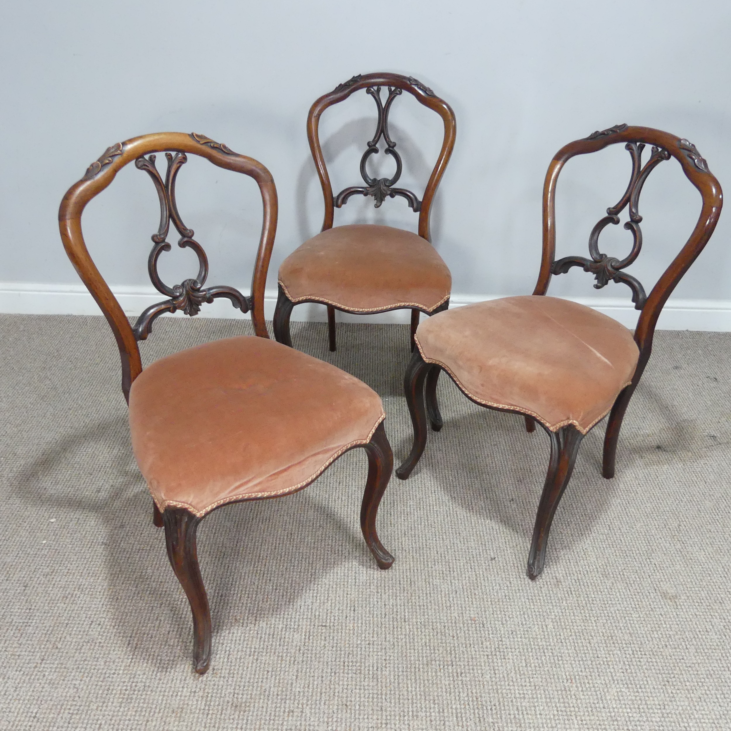 A set of three 19th century mahogany balloon-back Dining Chairs, carved pierced splat back above - Image 2 of 3