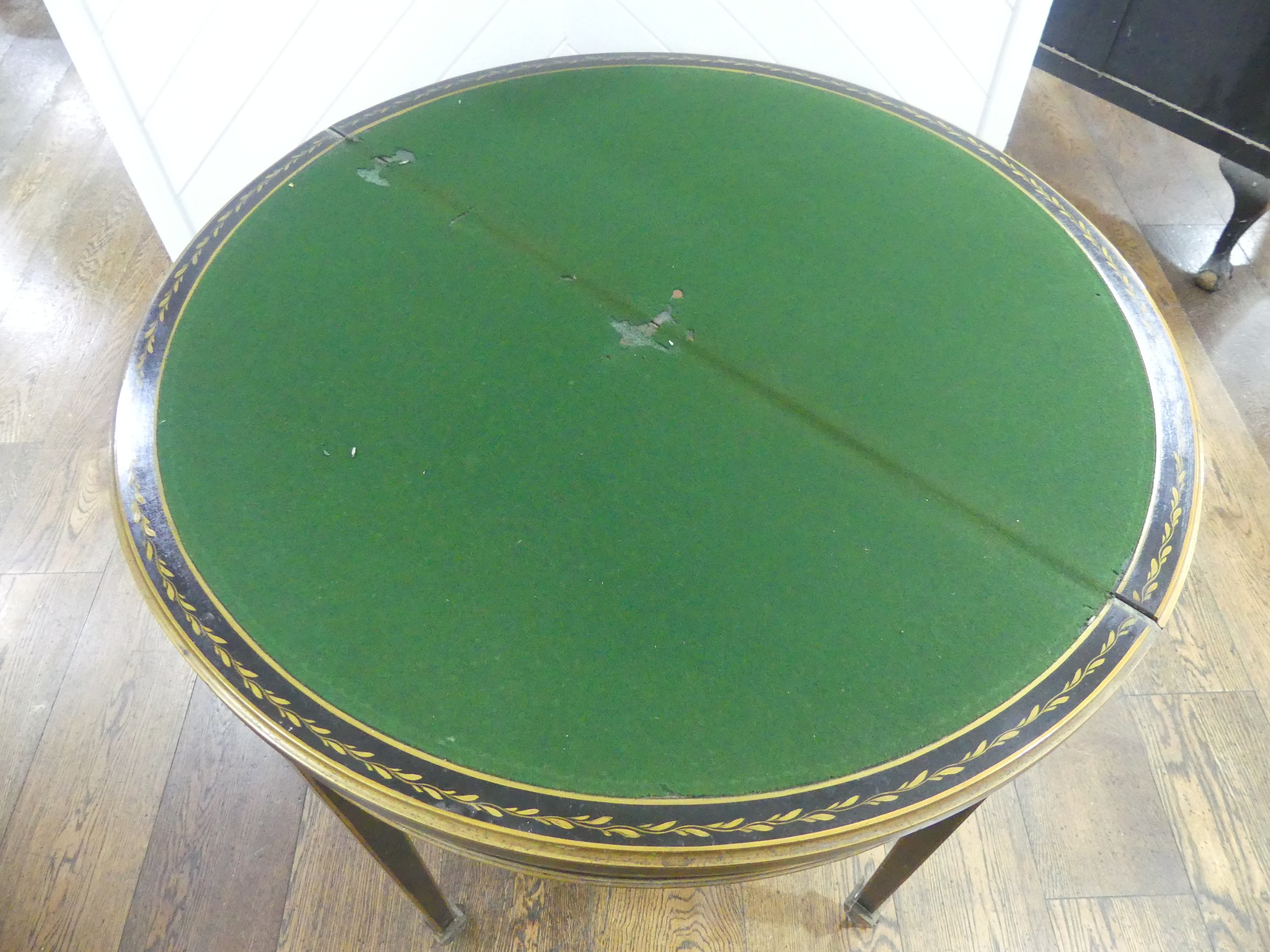 An early 20th century Chinoiserie demi lune card Table, black lacquered and painted gilt - Image 7 of 9