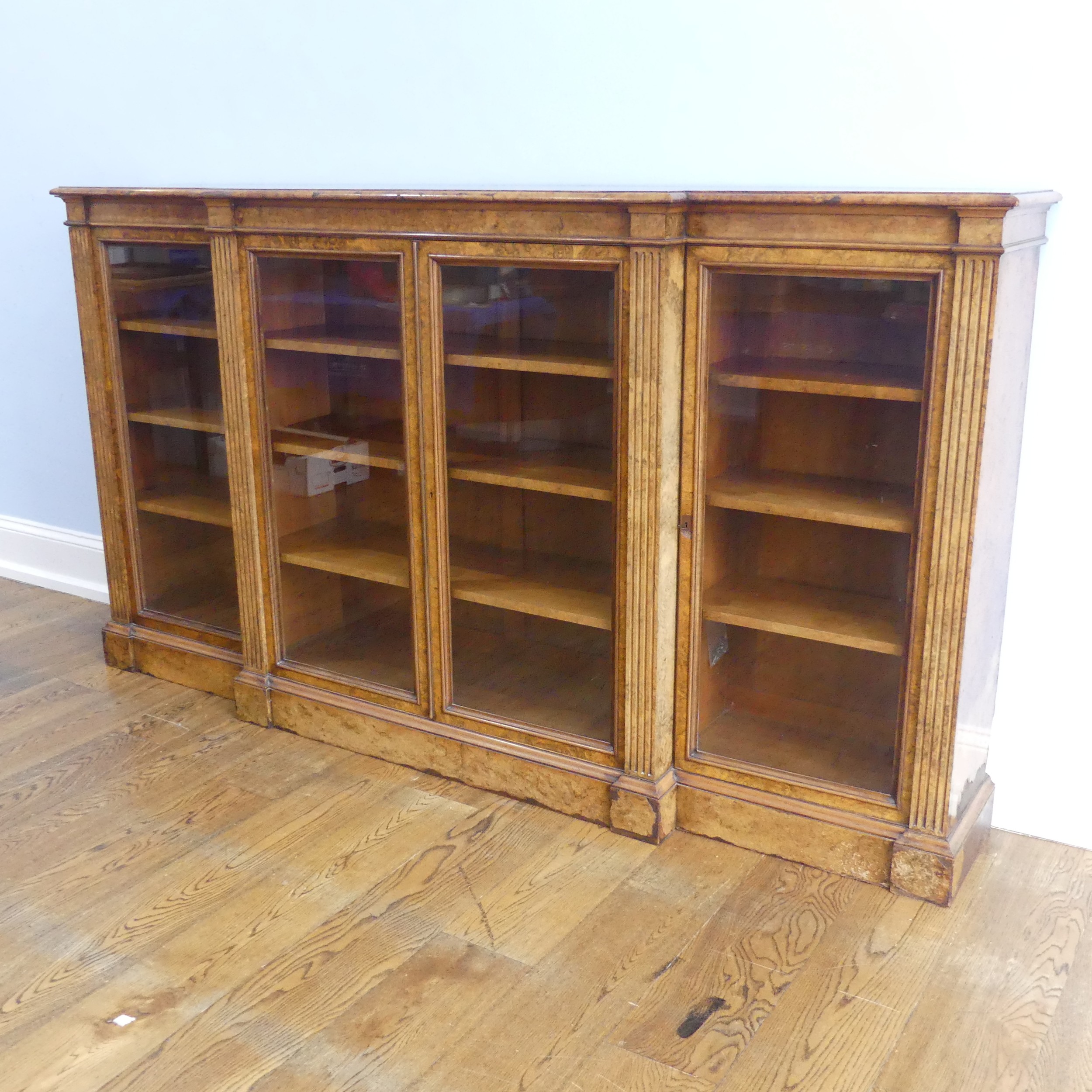 A good Victorian burr walnut breakfront glazed Bookcase, shaped top over glazed doors and plinth - Image 2 of 14
