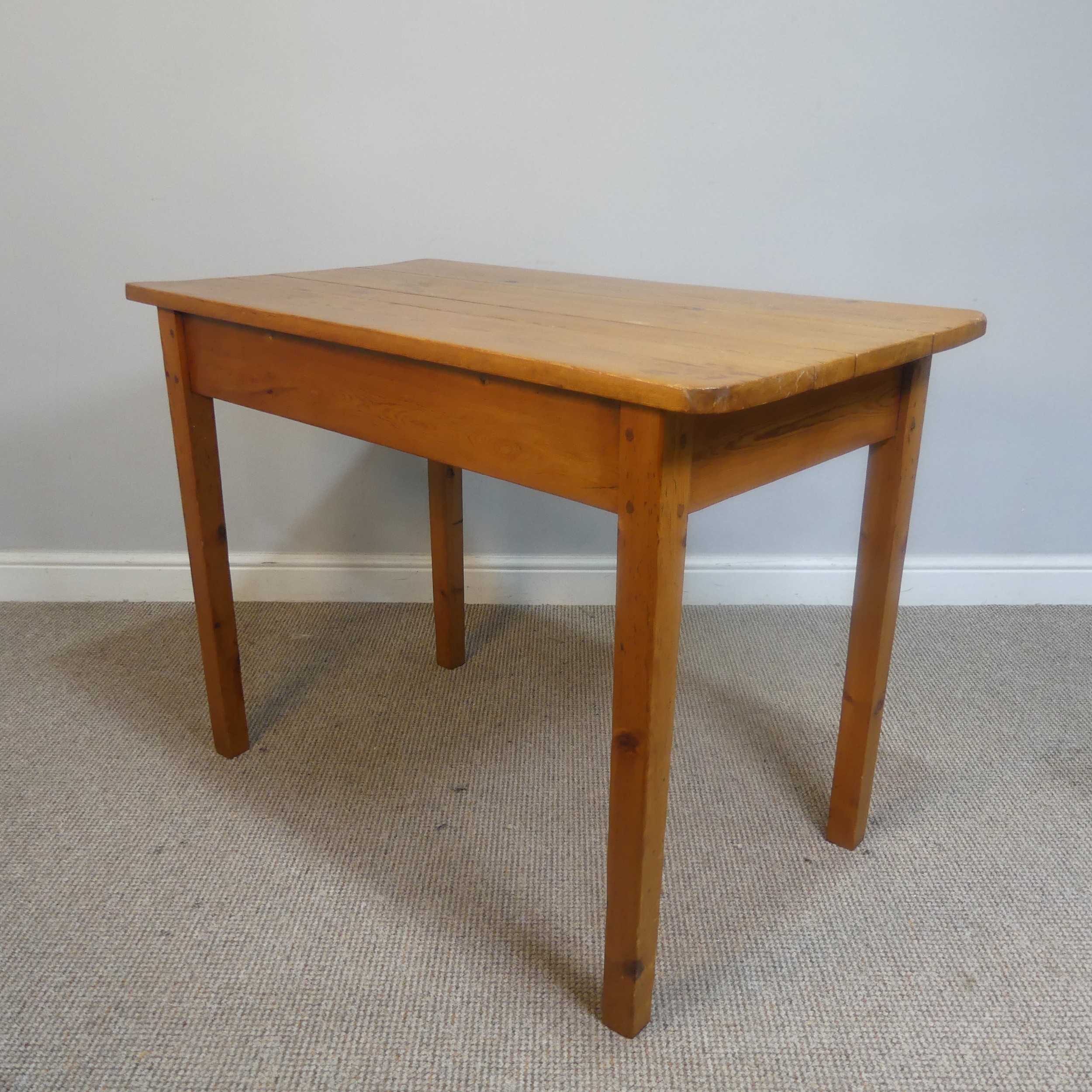 A small antique stained pine side Table, in the style of a kitchen Table, rectangular top raised - Image 3 of 8