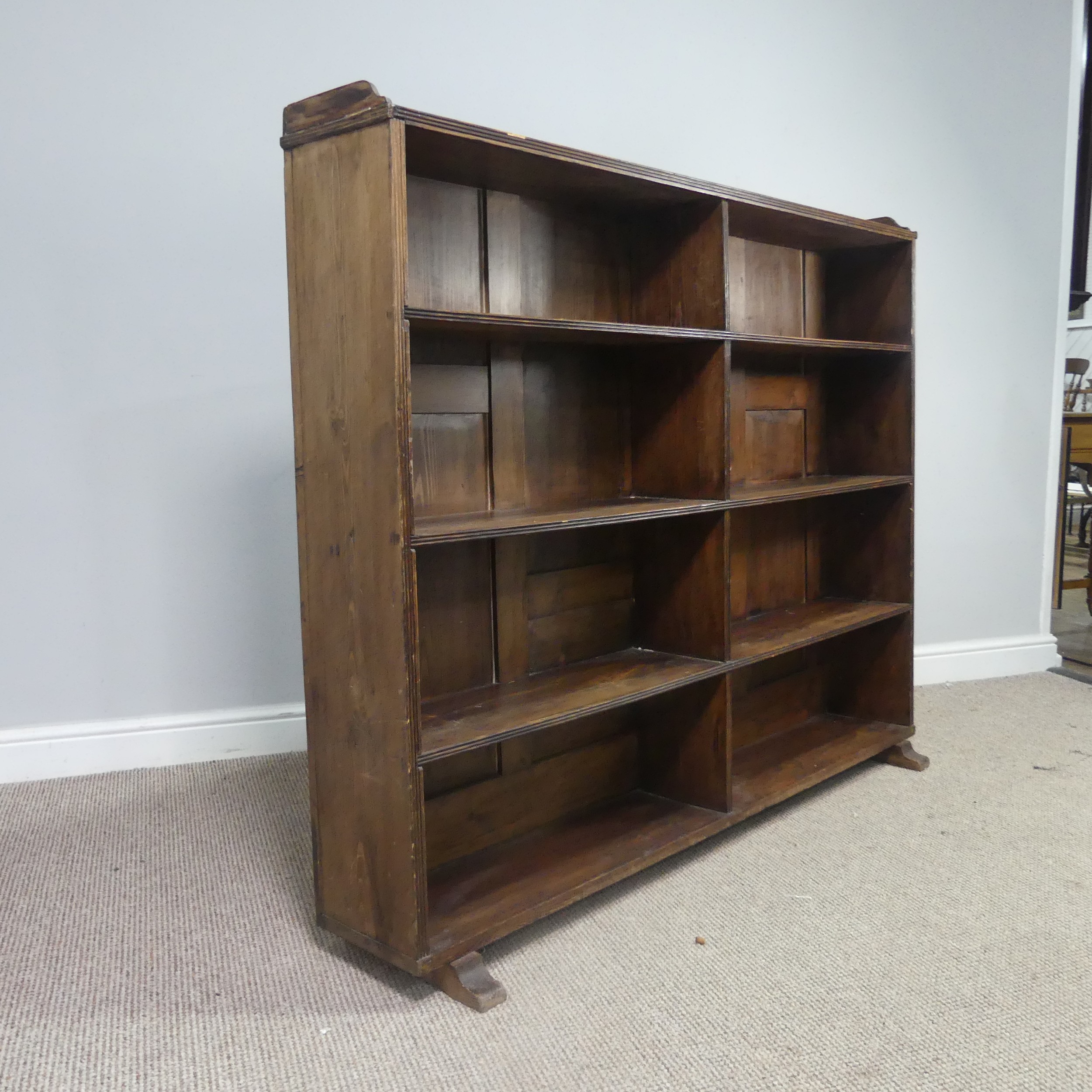 An antique stained pine open Bookcase, top with three quarter gallery, over six open shelves, W - Image 3 of 4