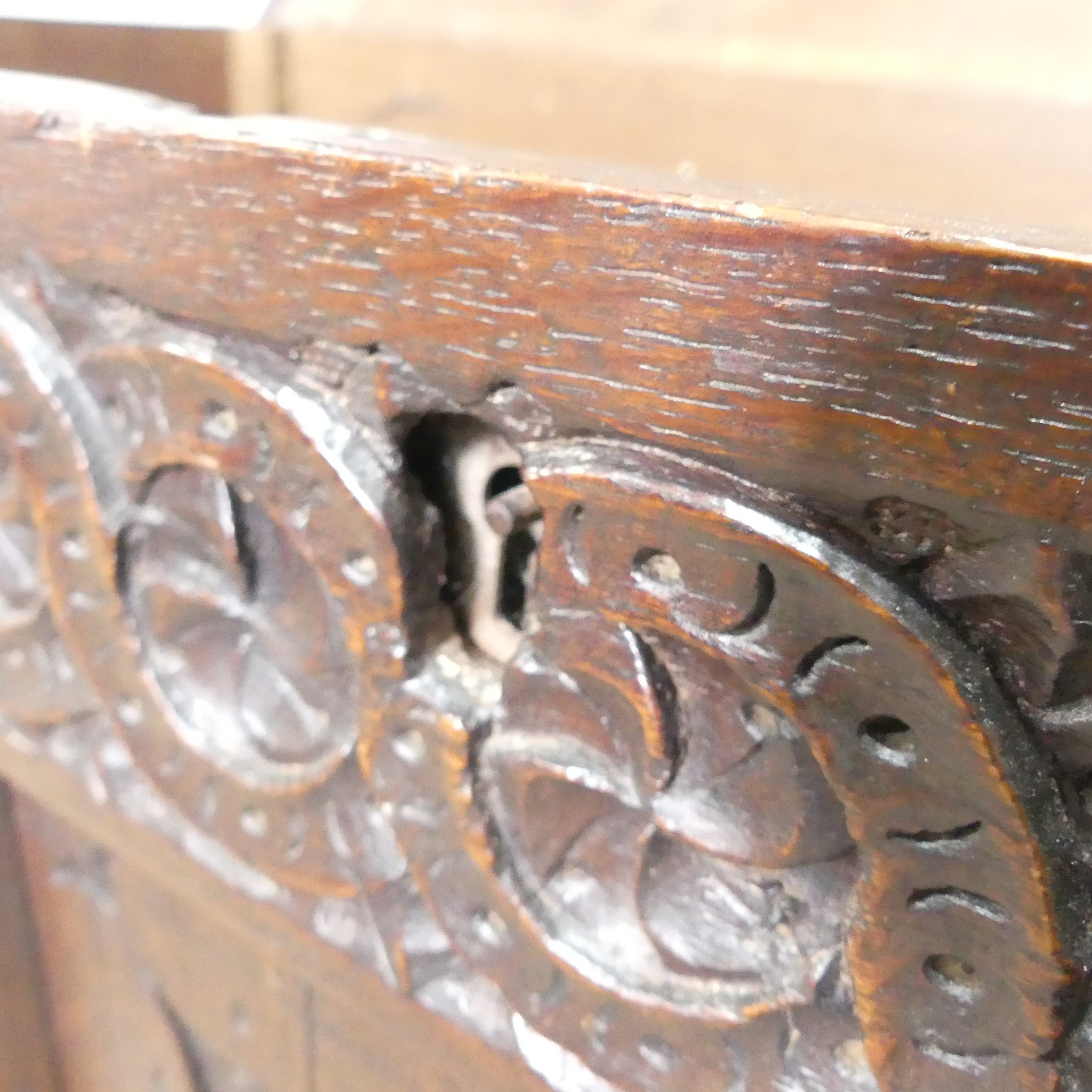 A 17th century oak Coffer, two panelled rectangular top with original pin hinges, over three - Bild 9 aus 12