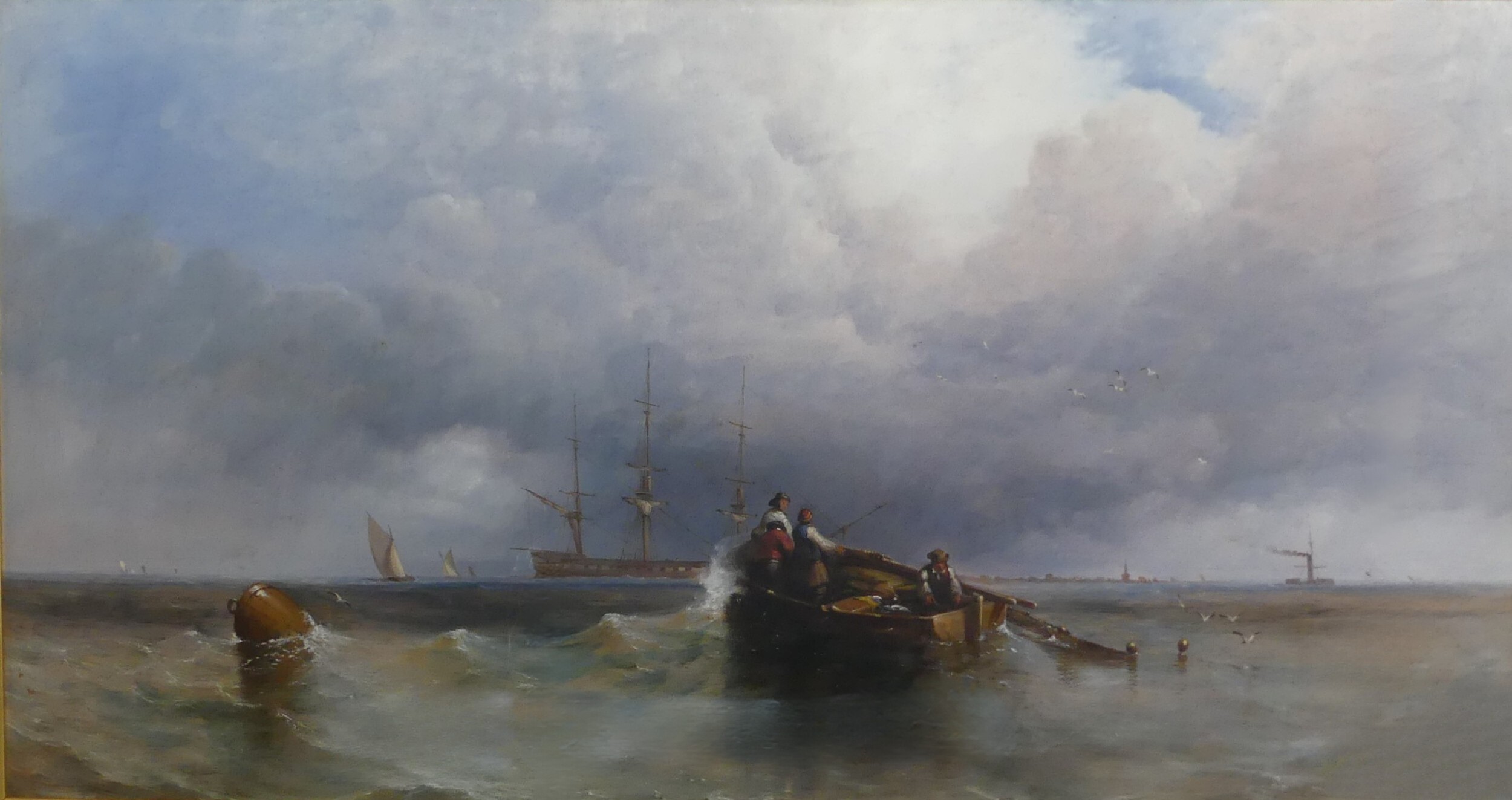 British school (19th century), Fishermen at sea in a coastal seascape, oil on board, signed lower - Image 4 of 8