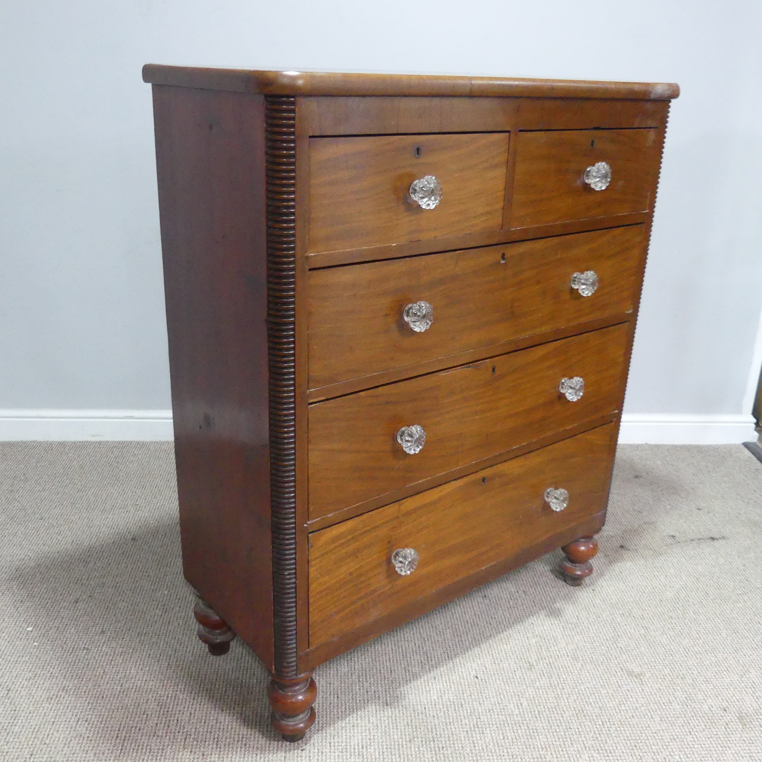 A Victorian stained pine and mahogany Chest of Drawers, with original glass handles, W 101 cm x H - Image 3 of 7